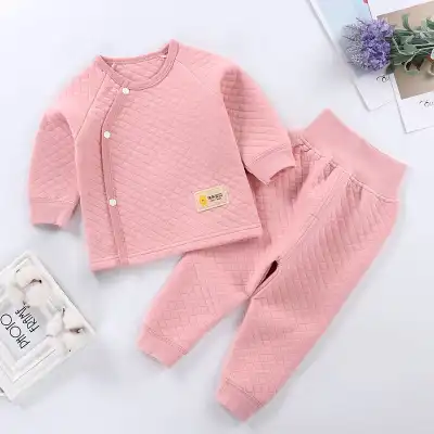 Kids Unisex Diamond Pattern Cotton Round Neck Thicken Tops and Leggings Pajama Set