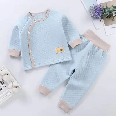 Kids Unisex Diamond Pattern Cotton Round Neck Thicken Tops and Leggings Pajama Set