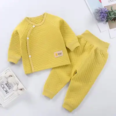 Kids Unisex Diamond Pattern Cotton Round Neck Thicken Tops and Leggings Pajama Set