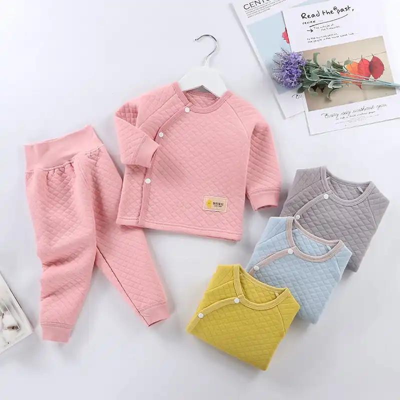 Kids Unisex Diamond Pattern Cotton Round Neck Thicken Tops and Leggings Pajama Set