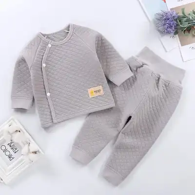 Kids Unisex Diamond Pattern Cotton Round Neck Thicken Tops and Leggings Pajama Set