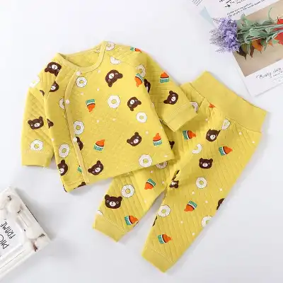 Kids Unisex Diamond Pattern Cotton Round Neck Thicken Tops and Leggings Pajama Set