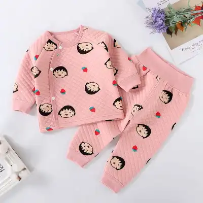 Kids Unisex Diamond Pattern Cotton Round Neck Thicken Tops and Leggings Pajama Set