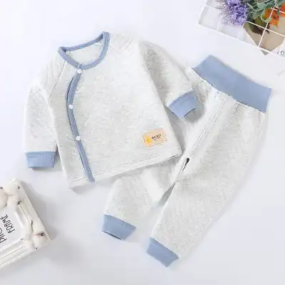 Kids Unisex Diamond Pattern Cotton Round Neck Thicken Tops and Leggings Pajama Set