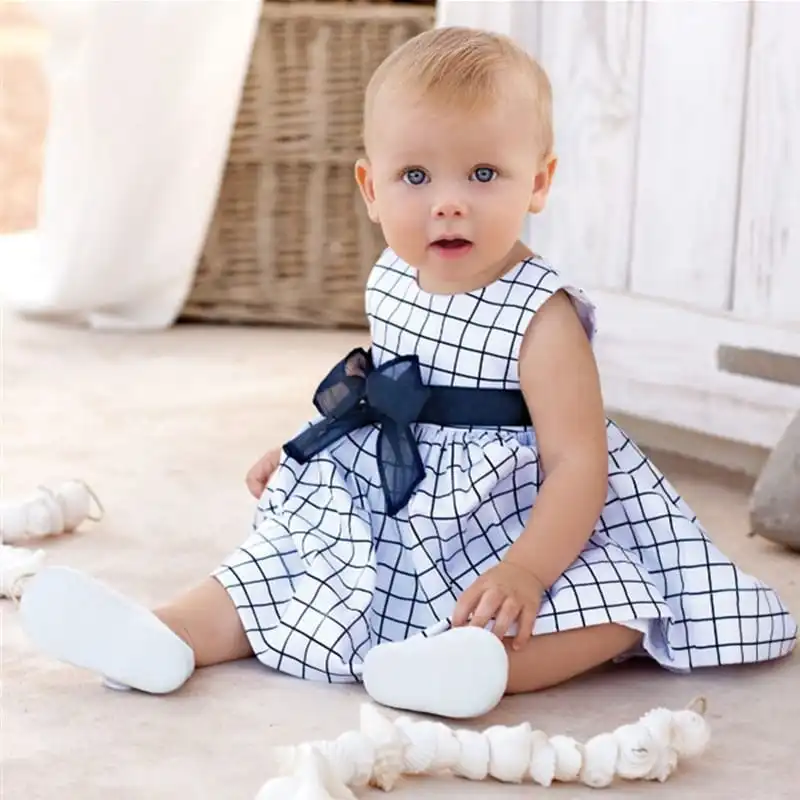 Girls Sleeveless Plaid Bowknot Decor Dress for Baby