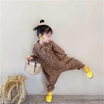 Baby Girls Floral Pattern Lapel Design Long Jumpsuit Romper Cotton