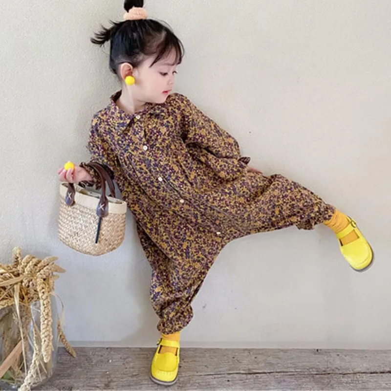 Baby Girls Floral Pattern Lapel Design Long Jumpsuit Romper Cotton