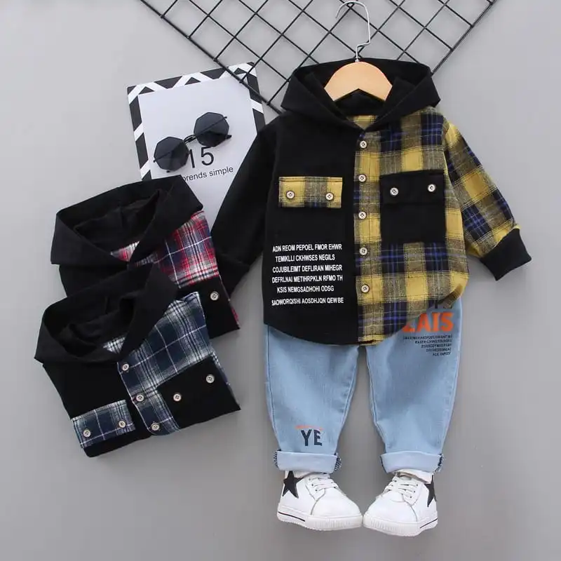 Boys Single-breasted Plaid Hooded Long Sleeve Shirt And Pants Suit Set