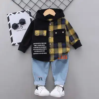 Boys Single-breasted Plaid Hooded Long Sleeve Shirt And Pants Suit Set