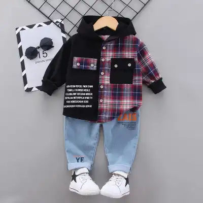 Boys Single-breasted Plaid Hooded Long Sleeve Shirt And Pants Suit Set
