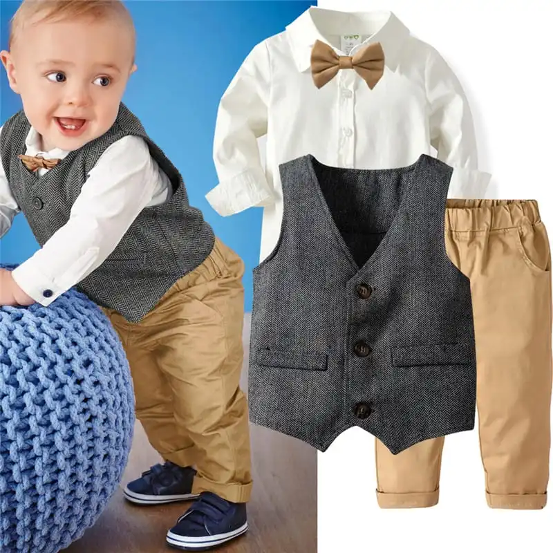 Boys Long-sleeves Single-breasted Shirt Vest And Pants With Bow Tie Set