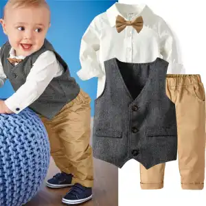 Boys Long-sleeves Single-breasted Shirt Vest And Pants With Bow Tie Set
