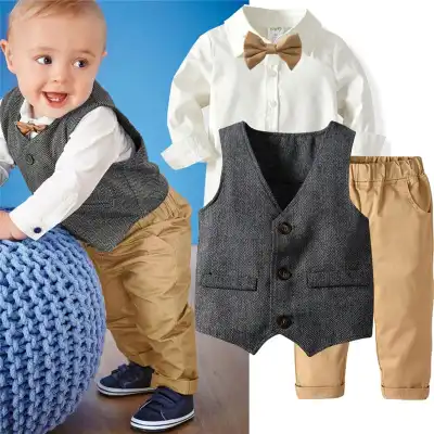 Boys Long-sleeves Single-breasted Shirt Vest And Pants With Bow Tie Set