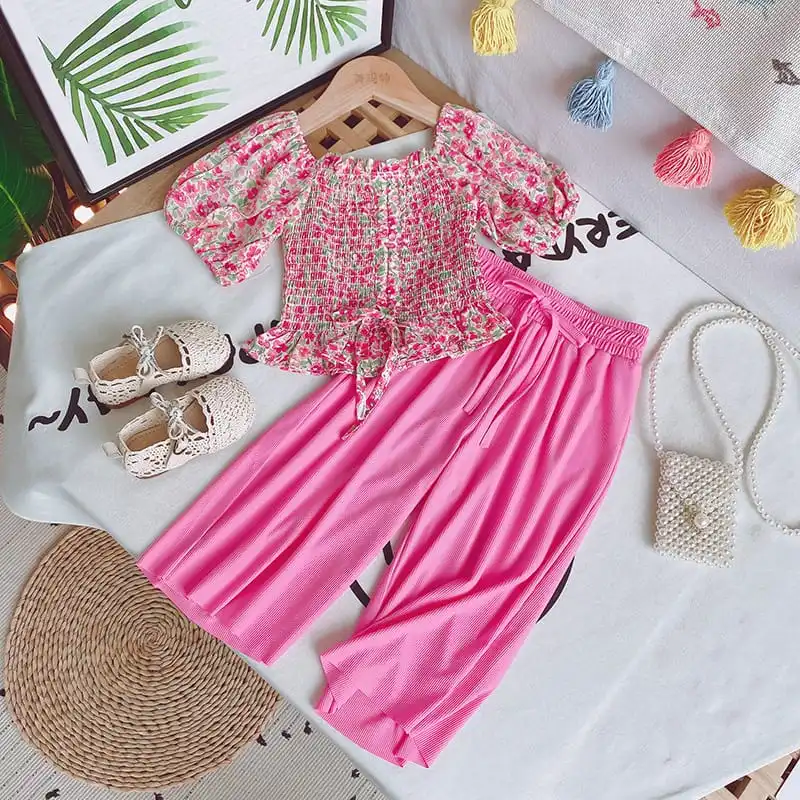 Girls Fashion Floral Chiffon Tops and Pants Set with Stringy Selvedge Design for Kids