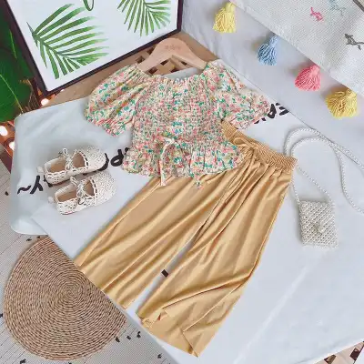 Girls Fashion Floral Chiffon Tops and Pants Set with Stringy Selvedge Design for Kids