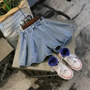 Girls Casual Solid Color Denim Shorts Mid Waist Hot Pants