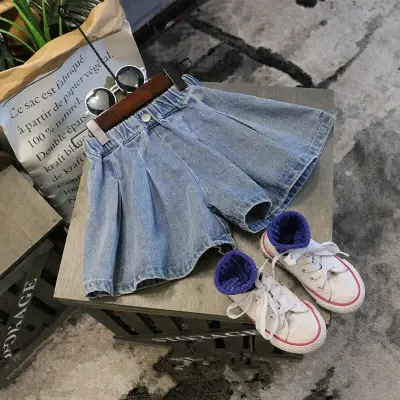 Girls Casual Solid Color Denim Shorts Mid Waist Hot Pants