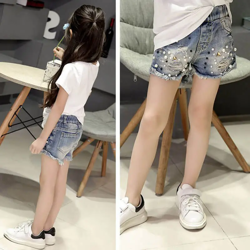 Girls Fashion Pearl Decor Hole Design Denim Shorts Mid Waist Solid Color