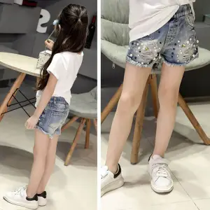 Girls Fashion Pearl Decor Hole Design Denim Shorts Mid Waist Solid Color