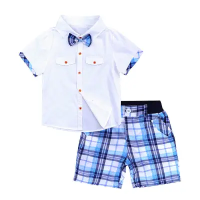 Boys Simple Short-sleeves Single-breasted Shirt and Plaid Shorts Set Cotton Lightweight Two Piece