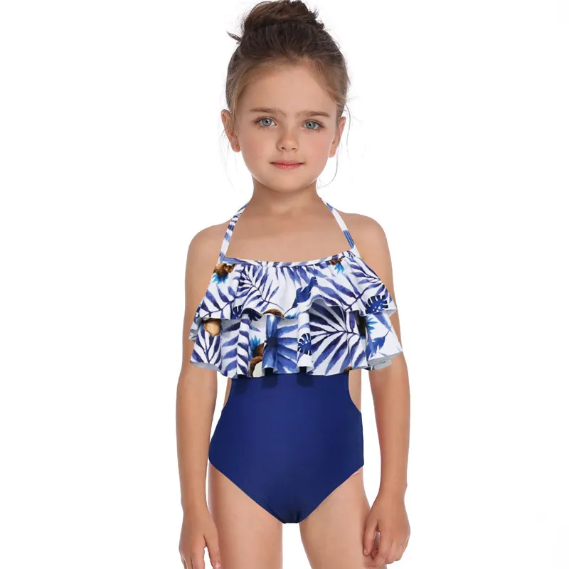 Girls Fashion Plants Printed Flounced Bikini Set