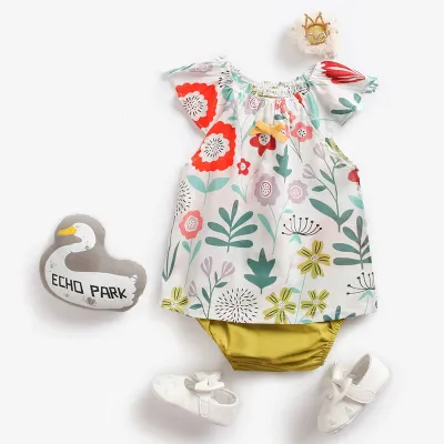 Girls Fashion Short-sleeves Plants Pattern Tops And Shorts Set