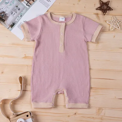 Kids Simple Solid Color Cotton Short Sleeve Casual Unisex Romper with Hidden Button