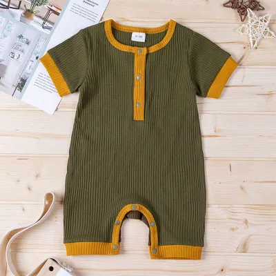 Kids Simple Solid Color Cotton Short Sleeve Casual Unisex Romper with Hidden Button
