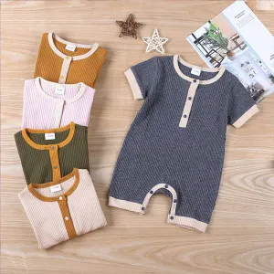 Kids Simple Solid Color Cotton Short Sleeve Casual Unisex Romper with Hidden Button