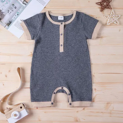 Kids Simple Solid Color Cotton Short Sleeve Casual Unisex Romper with Hidden Button