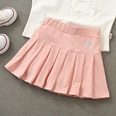 Girls Fashion Heart Embroidery Cotton Pleated Skirt Wild Solid Color