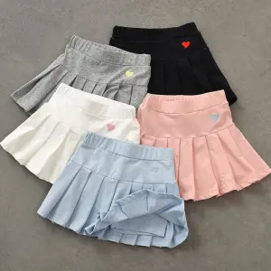 Girls Fashion Heart Embroidery Cotton Pleated Skirt Wild Solid Color