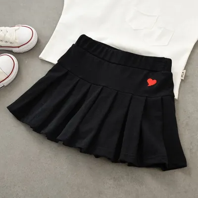Girls Fashion Heart Embroidery Cotton Pleated Skirt Wild Solid Color