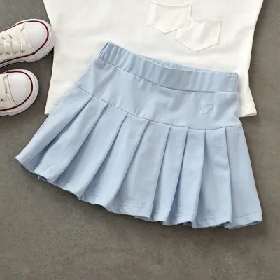 Girls Fashion Heart Embroidery Cotton Pleated Skirt Wild Solid Color