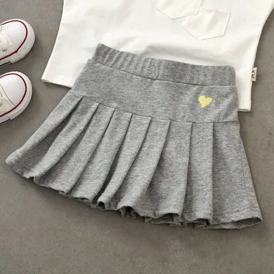Girls Fashion Heart Embroidery Cotton Pleated Skirt Wild Solid Color