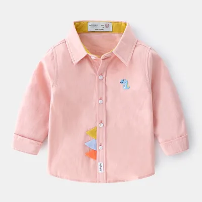 Boys Simple Dinosaur Embroidery Lapel Shirt for Kids Boys Clothing (3-14T)