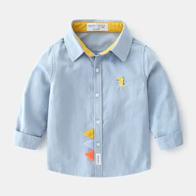 Boys Simple Dinosaur Embroidery Lapel Shirt for Kids Boys Clothing (3-14T)
