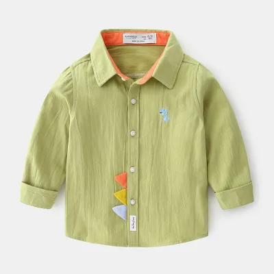 Boys Simple Dinosaur Embroidery Lapel Shirt for Kids Boys Clothing (3-14T)