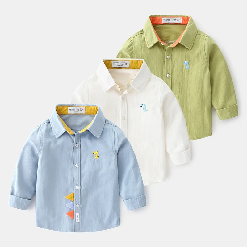 Boys Simple Dinosaur Embroidery Lapel Shirt for Kids Boys Clothing (3-14T)