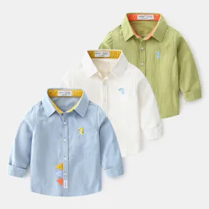 Boys Simple Dinosaur Embroidery Lapel Shirt for Kids Boys Clothing (3-14T)