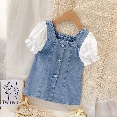 Girls Fashion Single-breasted Denim Spliced Dress for Baby