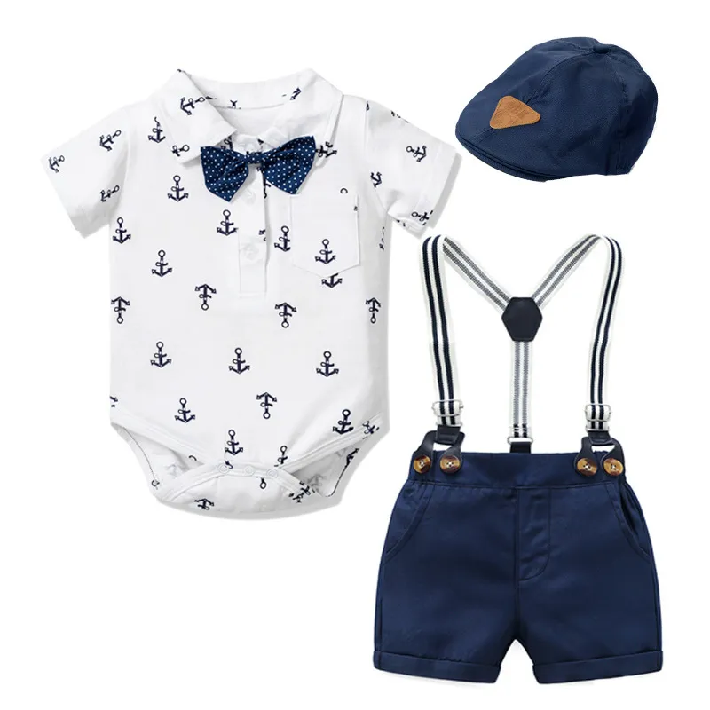 Baby Boy Gentleman Anchor Print Romper and Overalls with Hat Set Cotton Short Sleeve