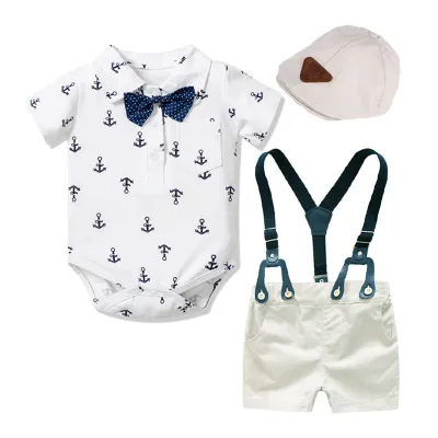 Baby Boy Gentleman Anchor Print Romper and Overalls with Hat Set Cotton Short Sleeve