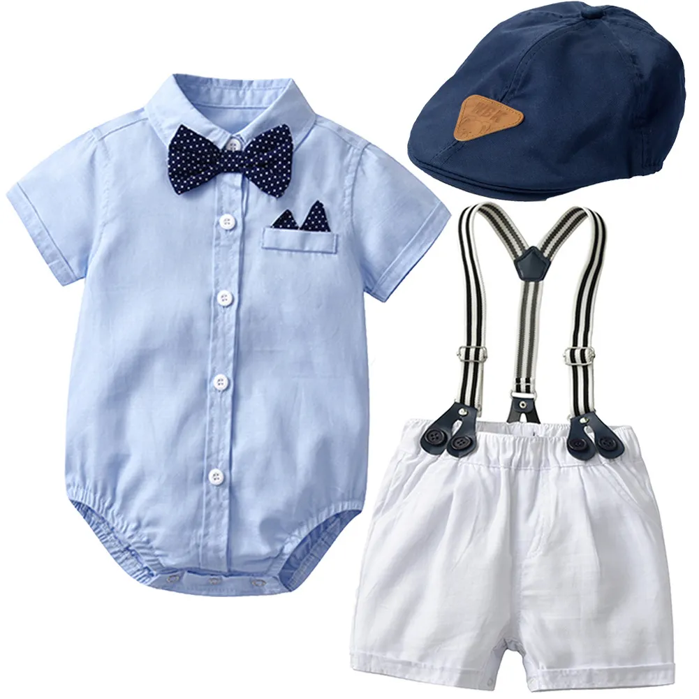 Boys Gentleman Romper Overalls Set With Hat Cotton Short Sleeve