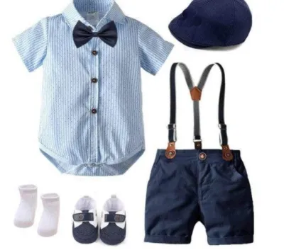 Boys Gentleman Striped Romper Overalls Hat And Shoes Cotton Short Sleeve Set
