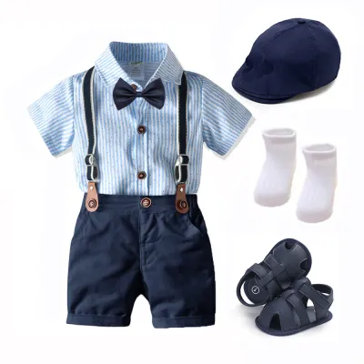 Boys Gentleman Striped Romper Overalls Hat And Shoes Cotton Short Sleeve Set