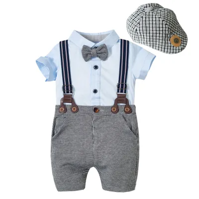 Boys Short-sleeved Cotton Romper And Overalls With Hat Suit