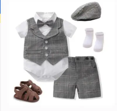 Boys Handsome Vest Romper Cotton Shorts Hat And Shoes 4-Piece Set