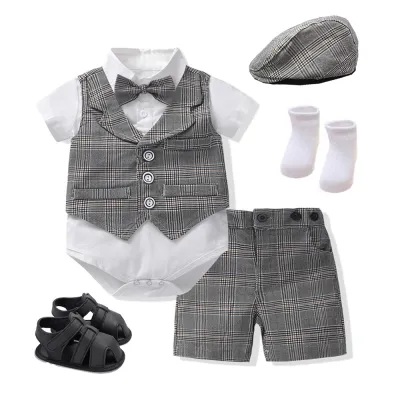 Boys Handsome Vest Romper Cotton Shorts Hat And Shoes 4-Piece Set