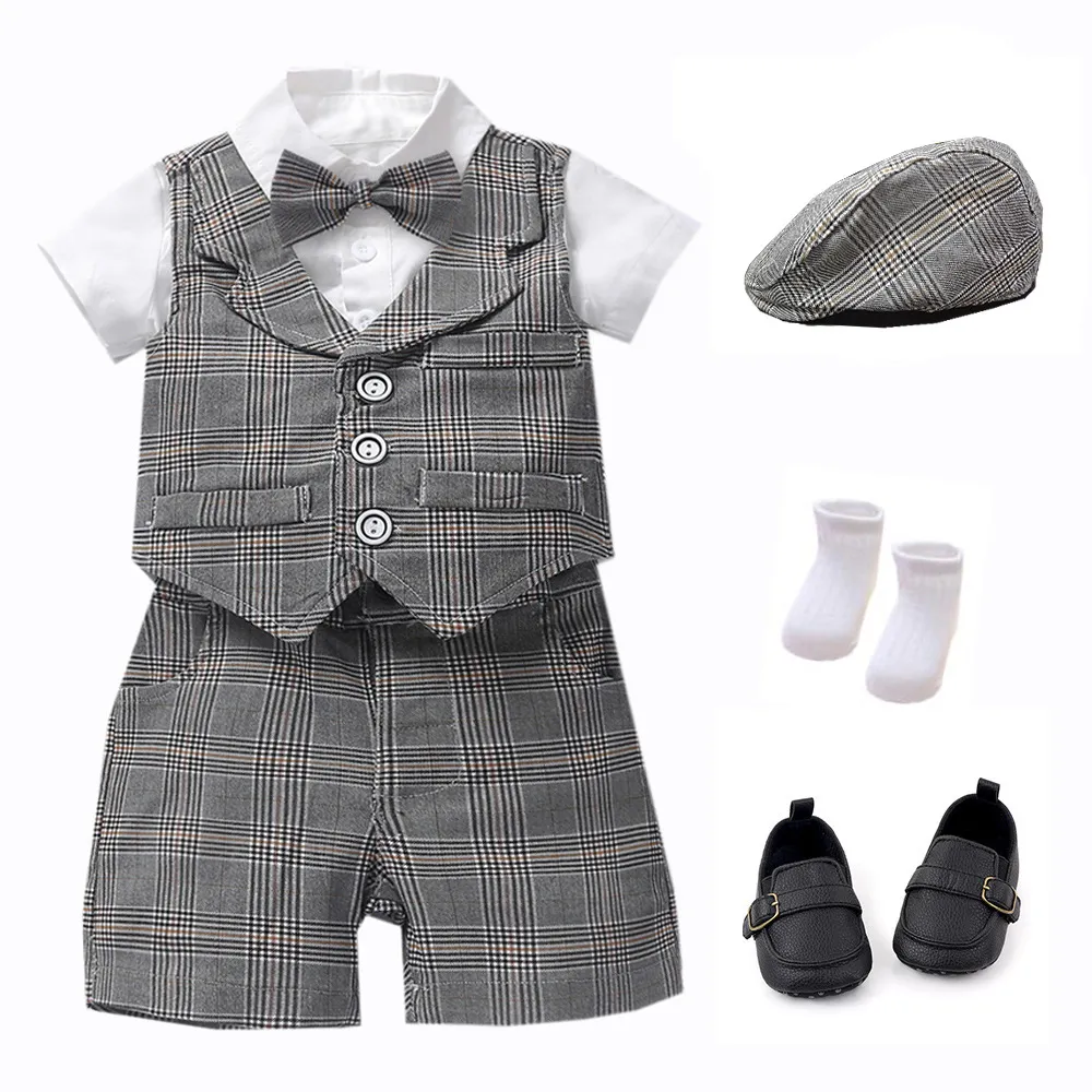 Boys Handsome Vest Romper Cotton Shorts Hat And Shoes 4-Piece Set